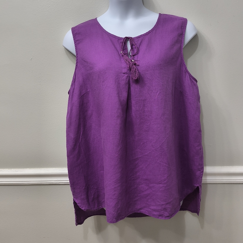 Ellen Tracy 100% Linen Sleeveless Tank Top High-Low Hem Bright Orchid Sz XXL